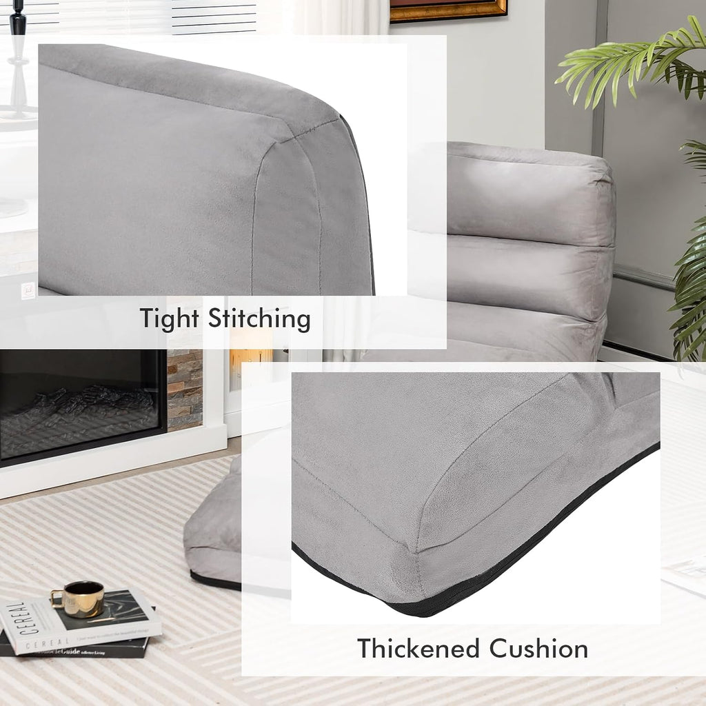 Moccha Floor Chairs for Adults, Adjustable 5-Position Floor Lounger w/Thick Padded & Pillow, No Assembly Folding Lazy Sofa Chair for Gaming, Light Weight Chaise Lounge (Without Armrest, Grey)