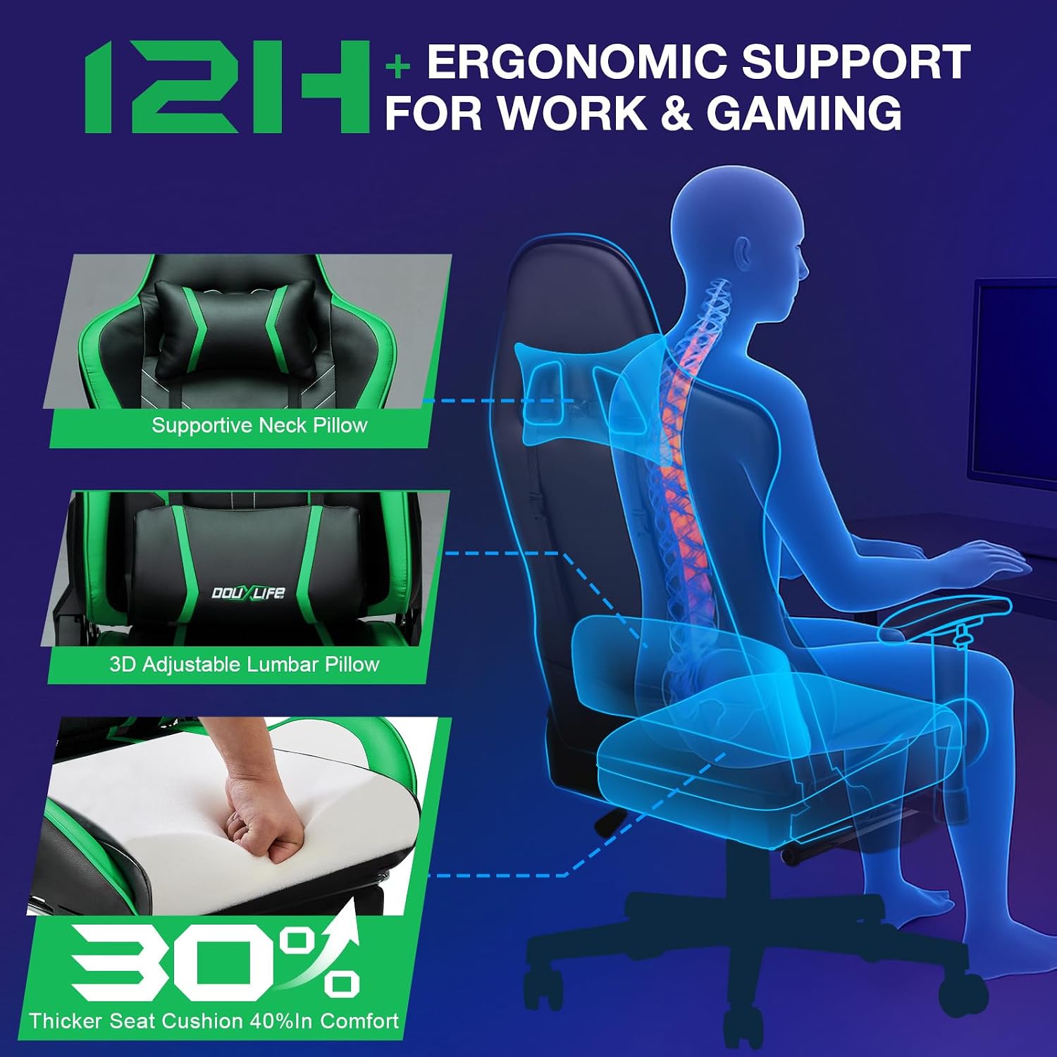 Douxlife 7-Point Massage Gaming Chair with Footrest, 400lbs Heavy Duty Ergonomic Computer Chair, 175° Reclining High Back Racing Seat for Adults with Adjustable Armrests & Lumbar Support, Green