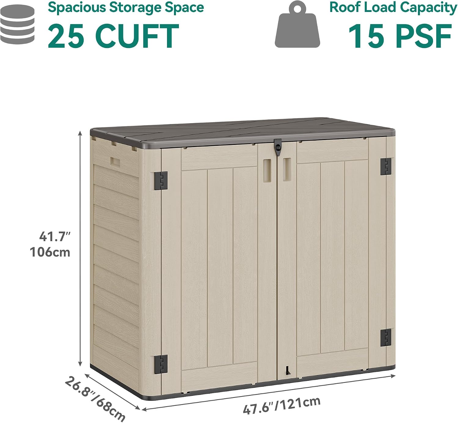 YITAHOME 30 cuft Outdoor Storage Shed w/o Shelf, Horizontal Storage Cabinet for Garden Tool, Waterproof Storage Shed Plastic for Garage, Resin Pool Storage, Easy to Assemble, Khaki & Brown
