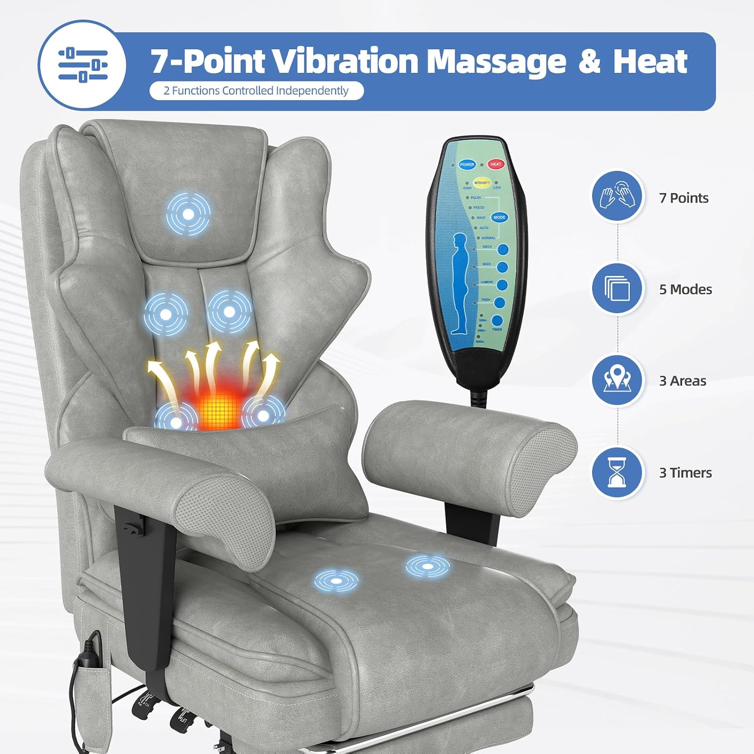 7-Point Massage Office Chair,Heated Manageral Chair,Ergonomic Executive Chair with Footrest,Adjustable Armrest，Computer Chair for Offices, Study Areas, Gaming Spaces,Gray