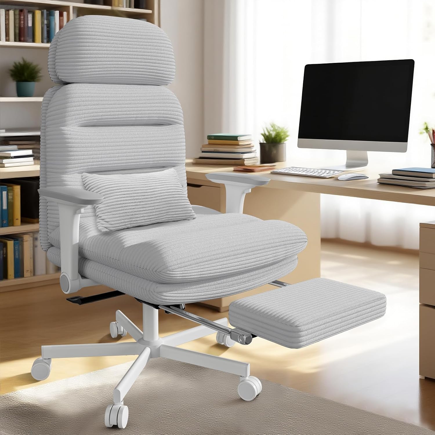 GXJ Criss Cross Chair with Flip-up Arms, Executive Office Chair with Foot Rest, Cross Legged Office Chair G800 Plus, Extra Lumbar Pillow, Corduroy Comfy Computer Desk Chair for Home, Grey