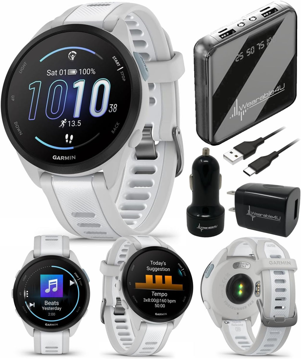 Garmin Forerunner 165 Music Running Smartwatch, Colorful AMOLED Touchscreen, Training Metrics and Recovery Insights Includes PowerPack +Adapters Bundle, Mist Gray/Whitestone