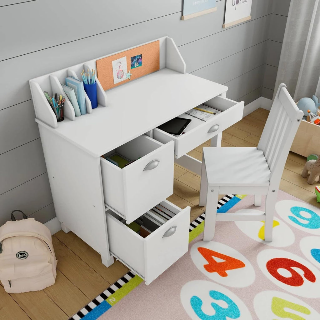 Wooden Study Desk Chair Set For Kids, Writing Desk With Storage Cabinet – Computer And Gaming Workstation Table With Drawers For Bedroom, Study Room, Homeschool (White/Rectangular)