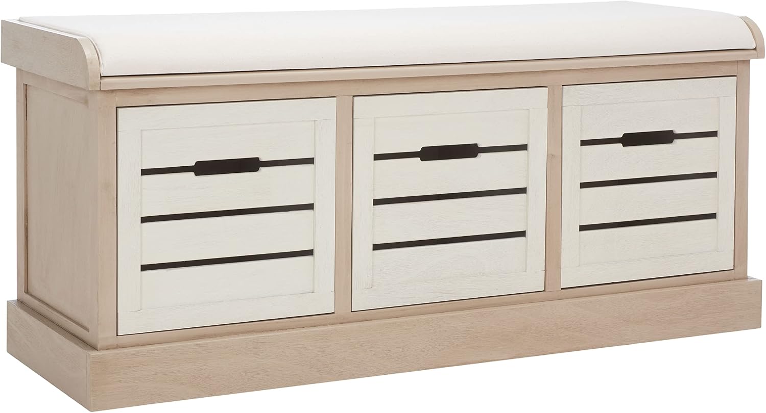 SAFAVIEH Home Collection – Briar 3-Drawer Upholstered Storage Bench, Farmhouse Entryway Accent Bench with Cushion Top, Sand Frame & Distressed White Drawer Fronts (BCH5700B)