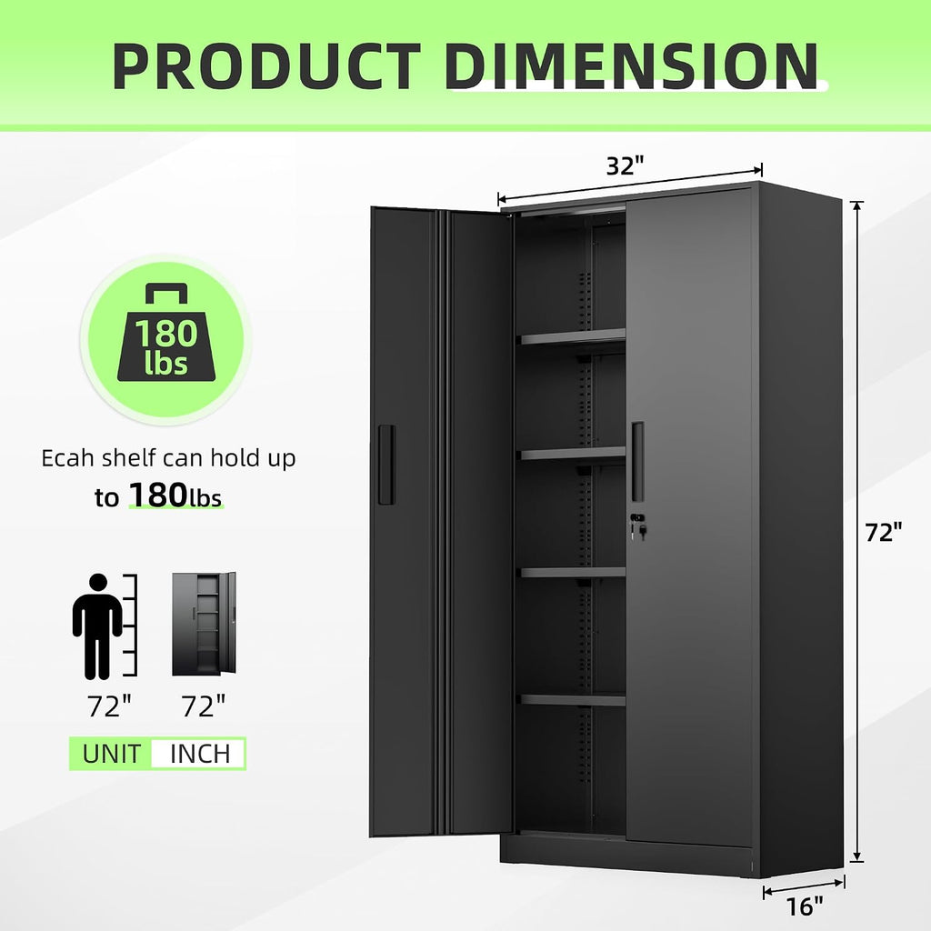 SUNCROWN 72' Metal Storage Cabinet - Heavy-Duty Metal Garage Cabinet with 4 Adjustable Shelves & 2 Doors for Tools, Office, Home, Workshop,Black-Small