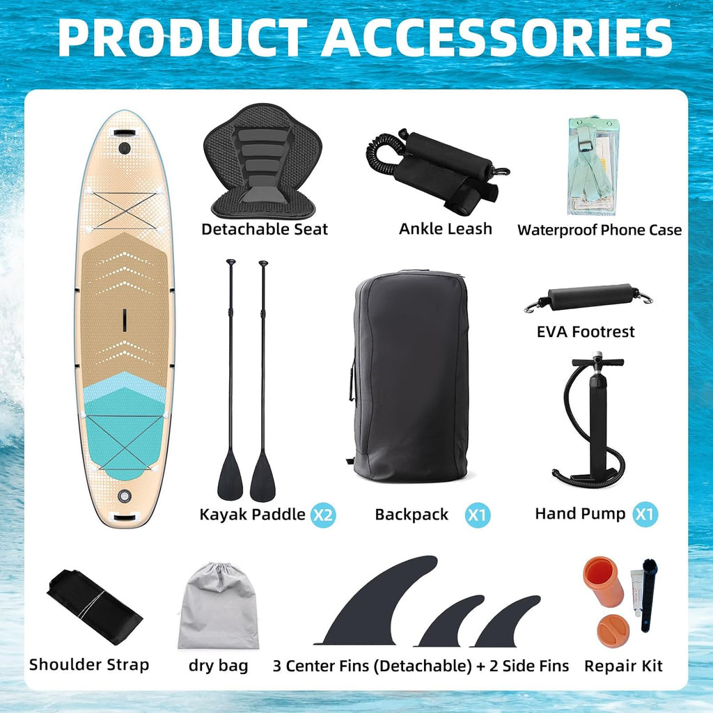 Inflatable 10.5' Stand Up Paddle Board with Strapped Seat, Premium SUP Board Kit, Includes Paddle, Pump, Backpack, Waterproof Bag, Perfect for Yoga, Fishing, and Surfing, Orange & Blue
