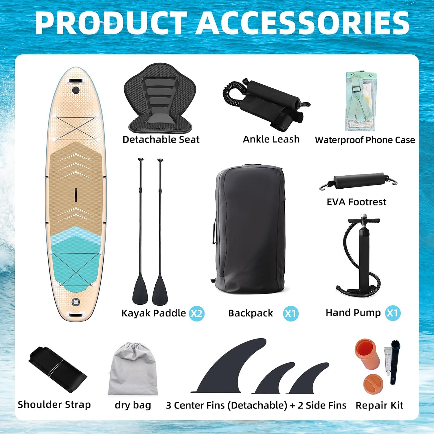 Inflatable 10.5' Stand Up Paddle Board with Strapped Seat, Premium SUP Board Kit, Includes Paddle, Pump, Backpack, Waterproof Bag, Perfect for Yoga, Fishing, and Surfing, Orange & Blue