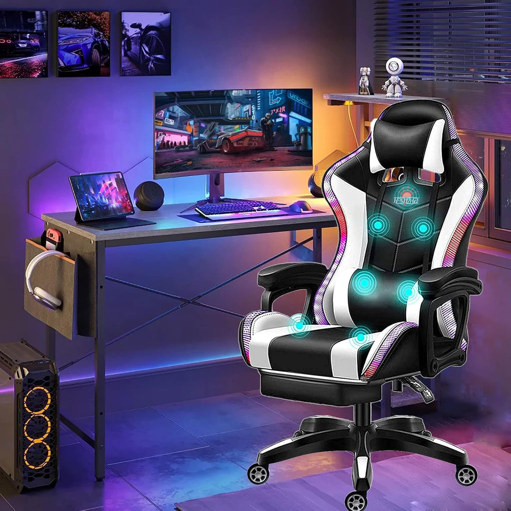 LED Gaming Chair with Speakers, Massage Computer Chair Ergonomic Racing Office Chair PU Leather Recliner Swivel Gamer Chair with Lumbar Support Headrest Armrest and Footrest,White