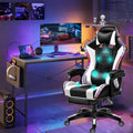 LED Gaming Chair with Speakers, Massage Computer Chair Ergonomic Racing Office Chair PU Leather Recliner Swivel Gamer Chair with Lumbar Support Headrest Armrest and Footrest,White