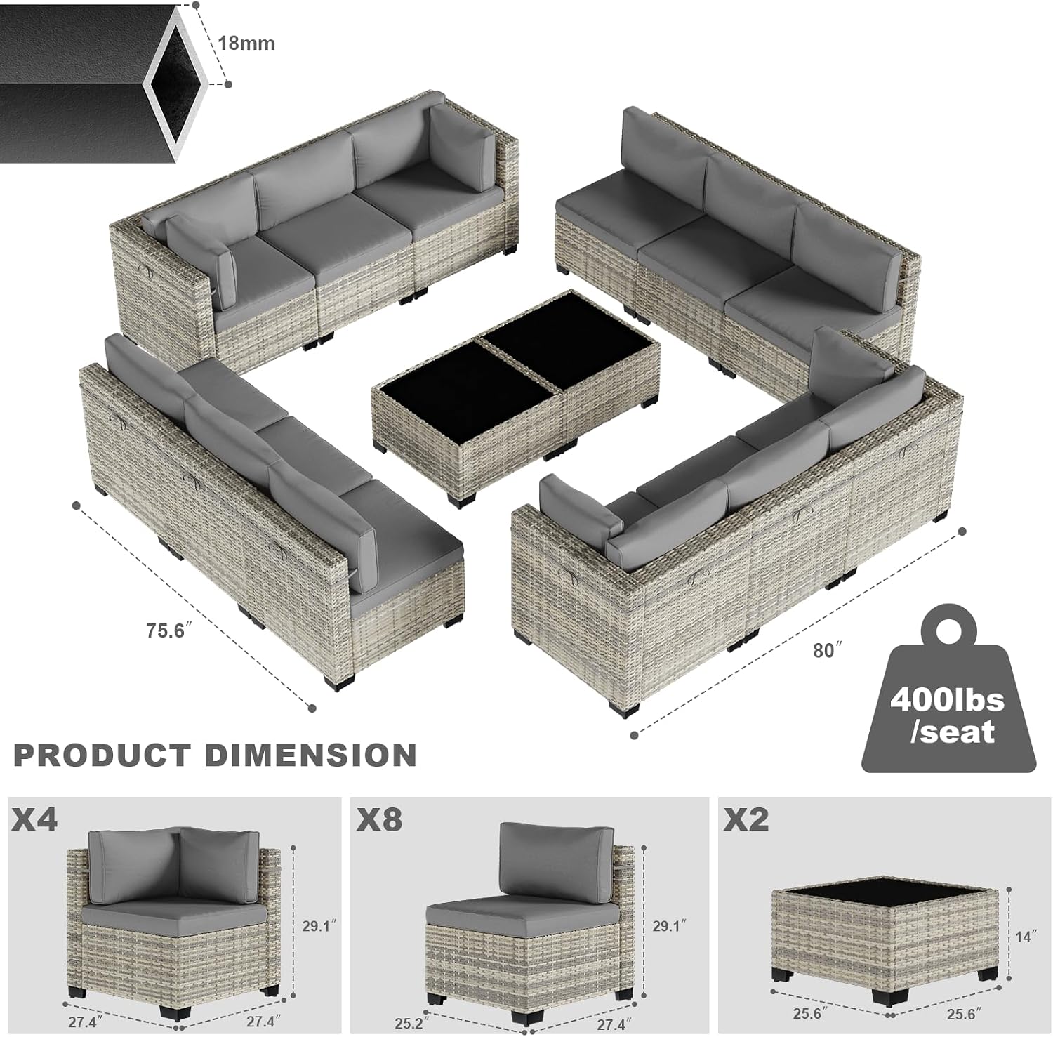 14-Piece Patio Furniture Set, Outdoor Sectional with Thick Cushions, Modular Patio Sofa, Dual-Strand Wicker Rattan, Rust-Resistant Frame, Backyard Furniture for Garden, Deck, Gray