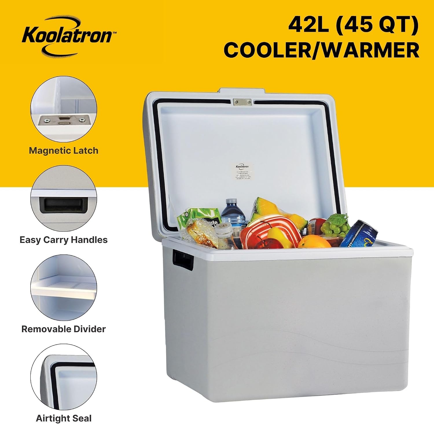Koolatron 12V Iceless Cooler & Warmer – Portable 45 Qt Electric Cooler for Car, Truck, Camper, Boat, Hard Sided Mini Fridge for Camping, Picnic, Travel, Lunch, Food, Drinks, Bedroom, Office, Dorm