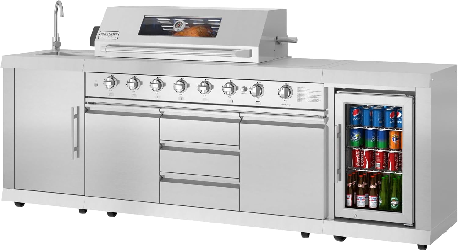 KoolMore Reserve Outdoor Kitchen Island with 6 Burner Grill and a Side Burner, Sink, Storage Cabinet and Beverage Refrigerator, CSA Listed in Stainless-Steel