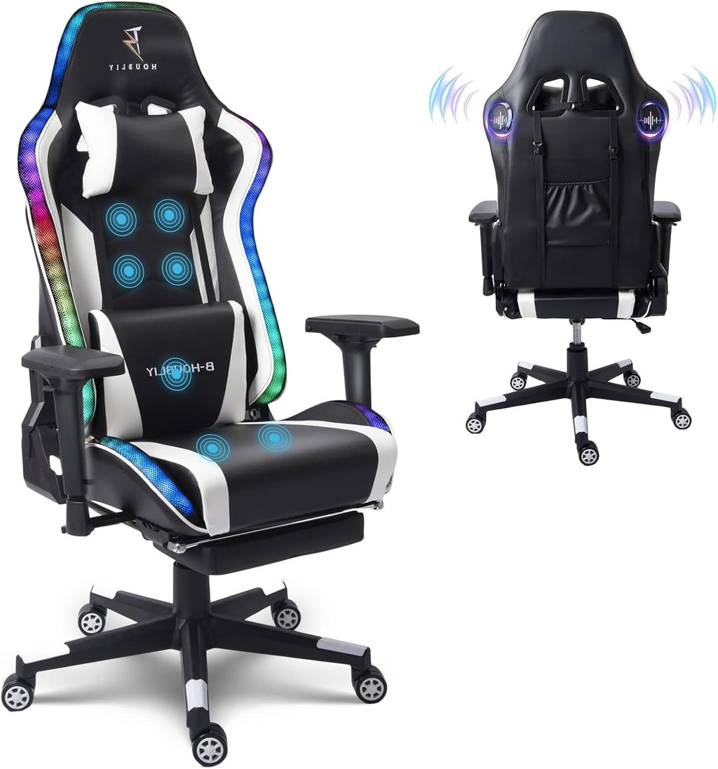 Computer Gaming Chair with RGB Lights, Video Gaming Chair with Speakers,Ergonomic Gaming Chair with Footrest, Adjustable Height Office Desk Chair with Wheels, Breathable Leather,White