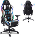 Computer Gaming Chair with RGB Lights, Video Gaming Chair with Speakers,Ergonomic Gaming Chair with Footrest, Adjustable Height Office Desk Chair with Wheels, Breathable Leather,White