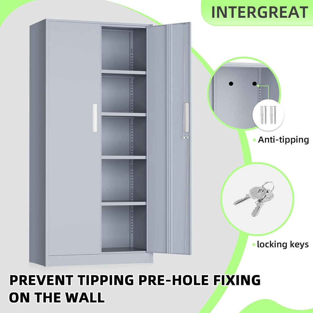 INTERGREAT Metal Storage Cabinet, 72' Locking Steel Cabinets with 2 Door and 4 Adjustable Shelves, Tall Metal Cabinet for Home Office, Garage, Warehouse,(Cement)