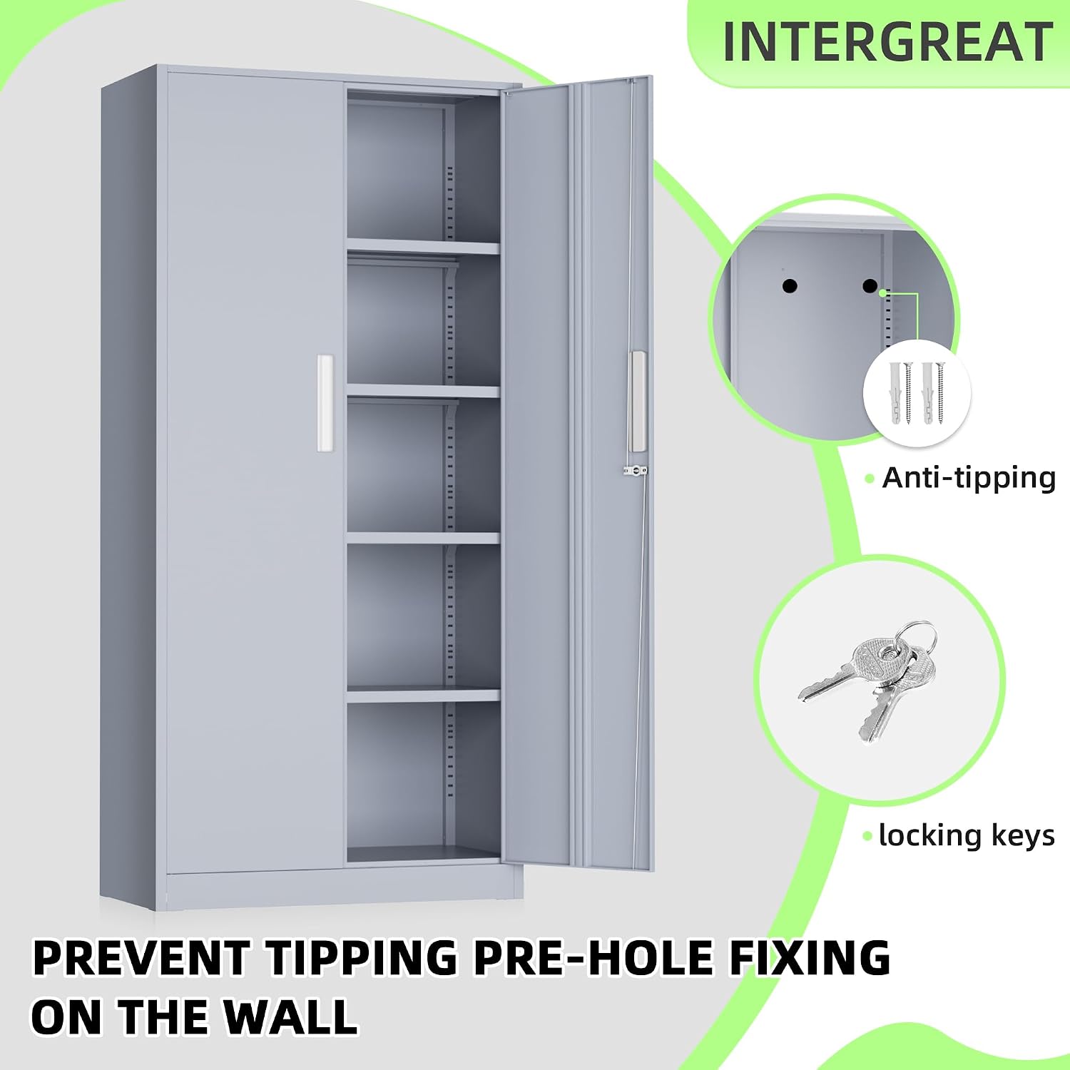 INTERGREAT Metal Storage Cabinet, 72' Locking Steel Cabinets with 2 Door and 4 Adjustable Shelves, Tall Metal Cabinet for Home Office, Garage, Warehouse,(Cement)