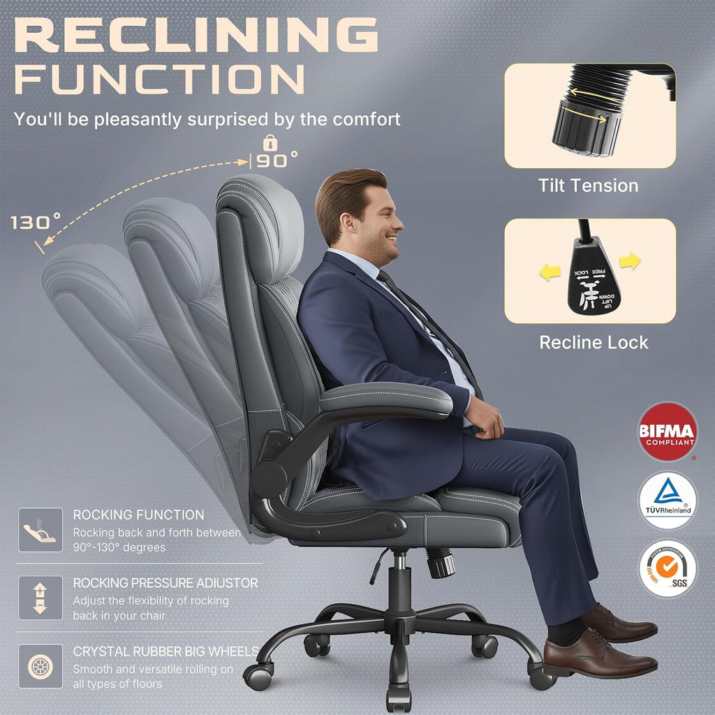 Office Chair-Executive High Back Breathable Big and Tall Office Chair Flip-up Armrests Lumbar Support-Ergonomic Leather Rolling Swivel Chair with Rock Function for Working Studying Gaming,Gray