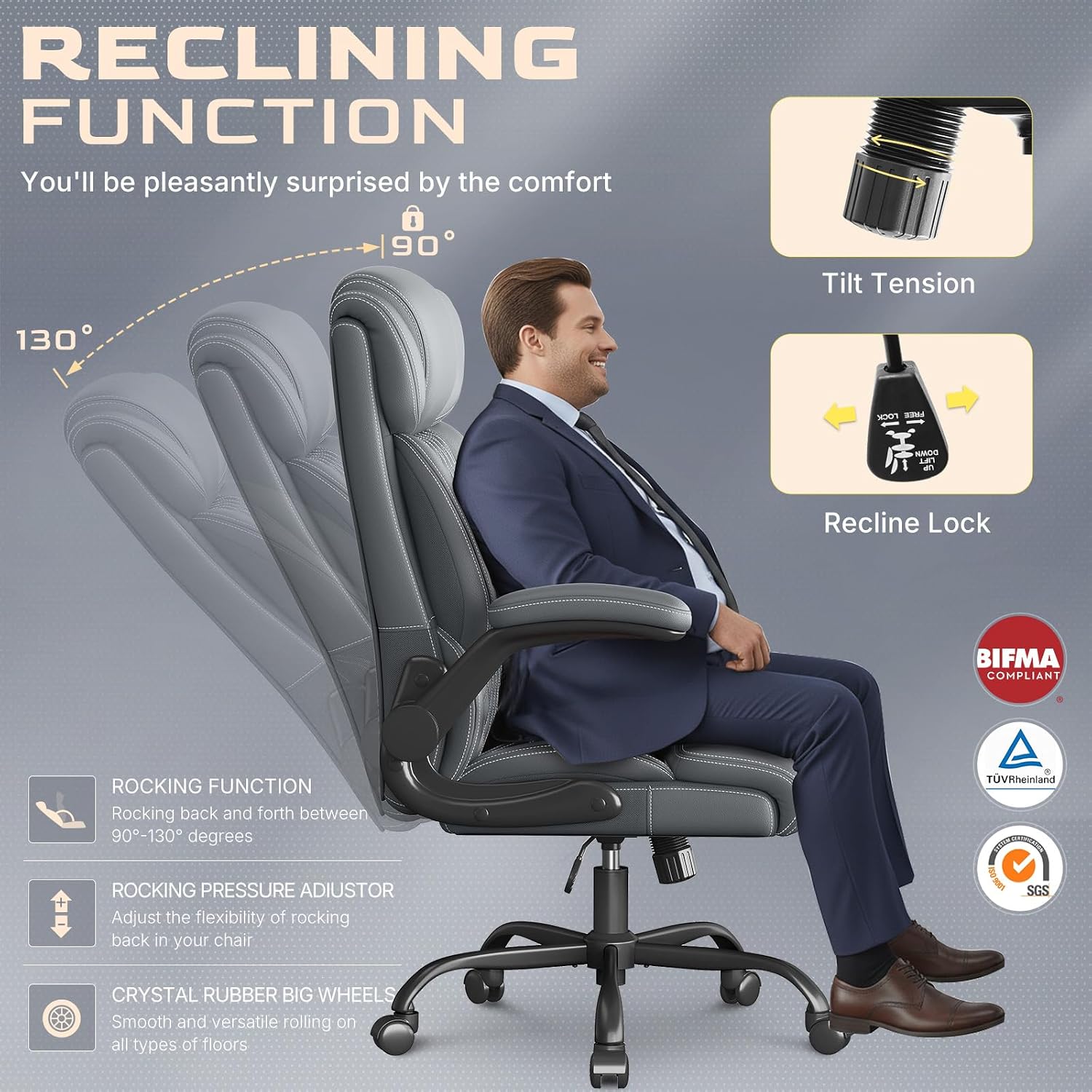 Office Chair-Executive High Back Breathable Big and Tall Office Chair Flip-up Armrests Lumbar Support-Ergonomic Leather Rolling Swivel Chair with Rock Function for Working Studying Gaming,Gray