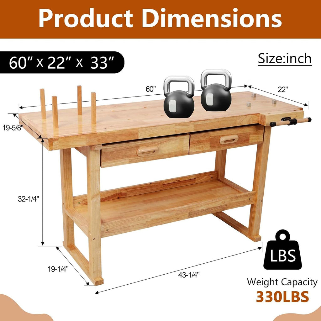 60' Rubber Wood Workbench, Heavy Duty Work Bench with Drawer & Shelf, Work Bench Table for Garage, Workshop, Home Storage, Woodworking Bench, 330 lbs Weight Capacity (60' + 2 Drawers)
