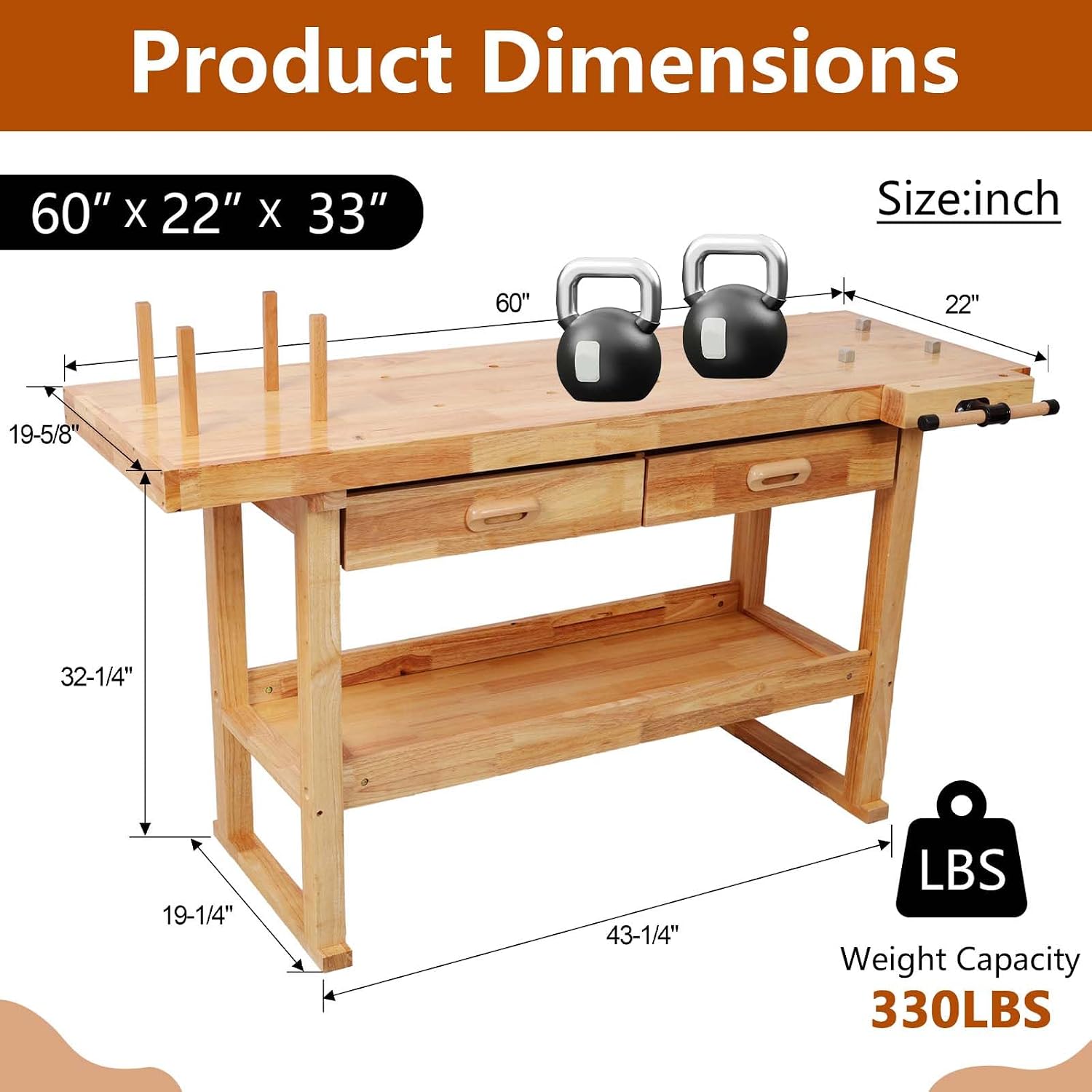 60' Rubber Wood Workbench, Heavy Duty Work Bench with Drawer & Shelf, Work Bench Table for Garage, Workshop, Home Storage, Woodworking Bench, 330 lbs Weight Capacity (60' + 2 Drawers)