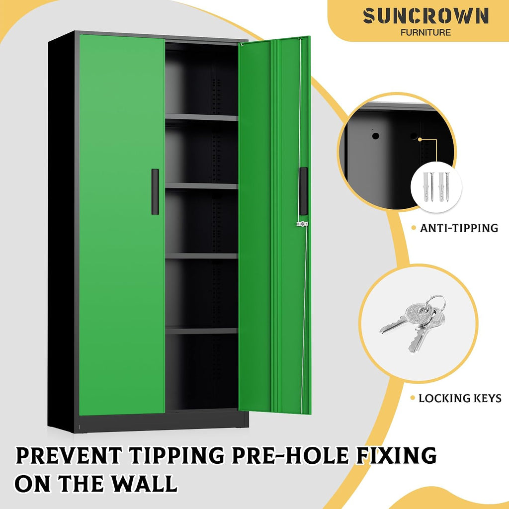SUNCROWN 72' Metal Storage Cabinet - Heavy-Duty Metal Garage Cabinet with 4 Adjustable Shelves & 2 Doors for Tools, Office, Home, Workshop,Black & Green-Small
