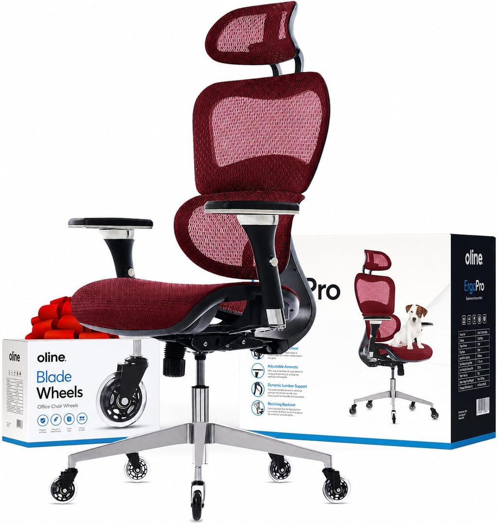 Oline ErgoPro Ergonomic Office Chair with 4D Adjustable Armrest, 3D Lumbar Support and Blade Wheels - Mesh Computer Gaming Rolling Desk Executive Swivel Home Chair (Burgundy Red)