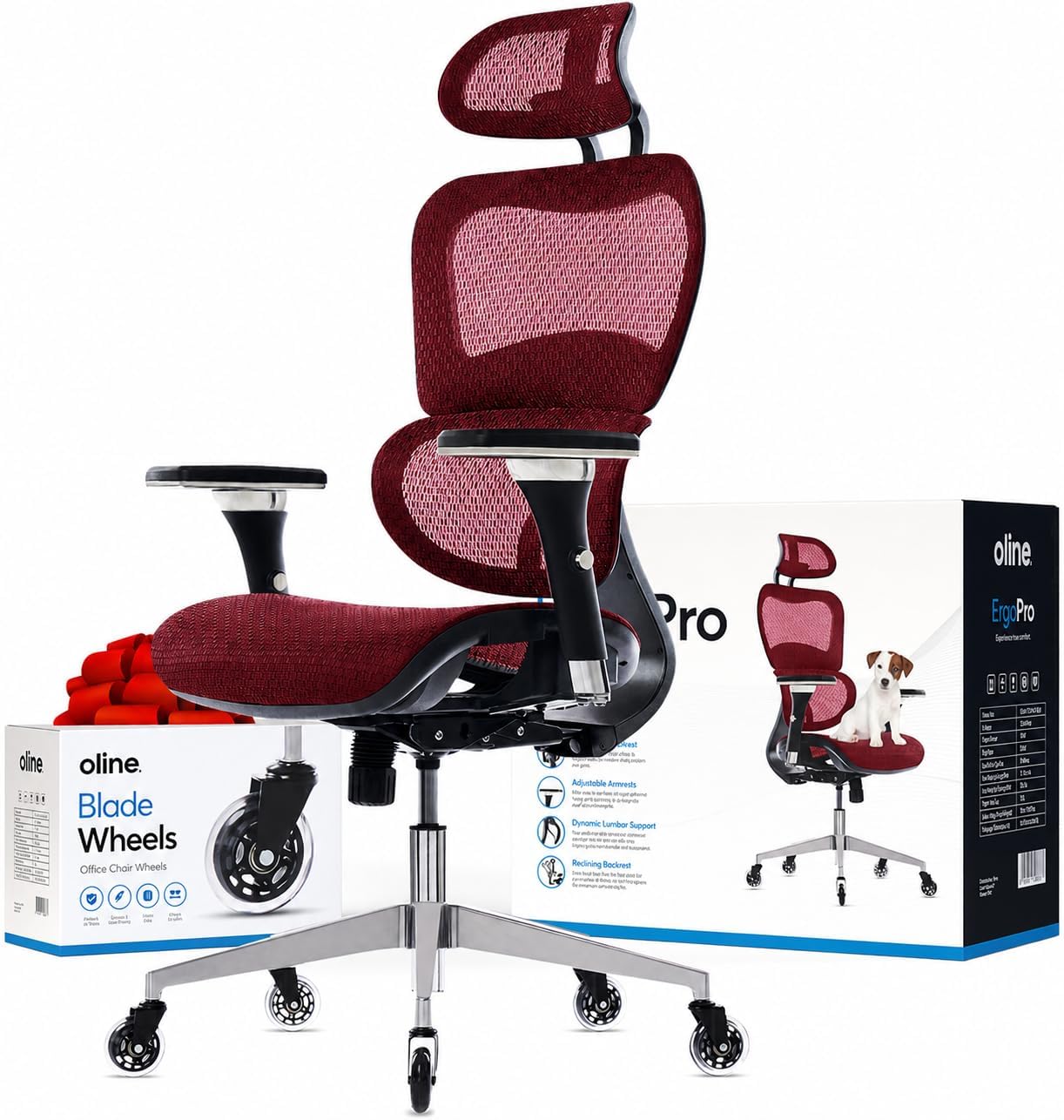 Oline ErgoPro Ergonomic Office Chair with 4D Adjustable Armrest, 3D Lumbar Support and Blade Wheels - Mesh Computer Gaming Rolling Desk Executive Swivel Home Chair (Burgundy Red)