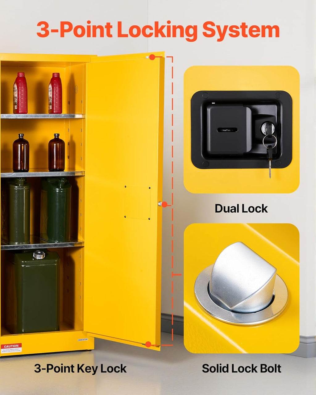 VEVOR Flammable Cabinet 18' x 23' x 65', 23 Gallon Flammable Storage Cabinet with Adjustable Shelf, Cold-Rolled and Galvanized Steel Fire Cabinets, for Commercial Industrial Home Use, Yellow