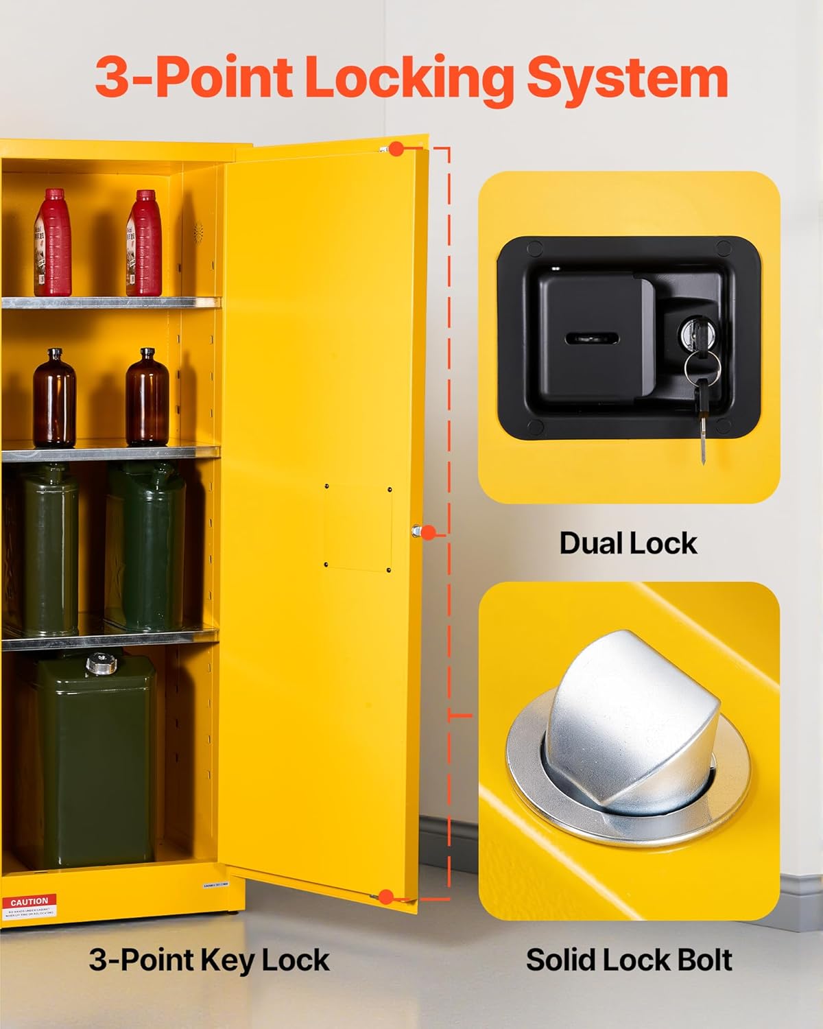 VEVOR Flammable Cabinet 18' x 23' x 65', 23 Gallon Flammable Storage Cabinet with Adjustable Shelf, Cold-Rolled and Galvanized Steel Fire Cabinets, for Commercial Industrial Home Use, Yellow