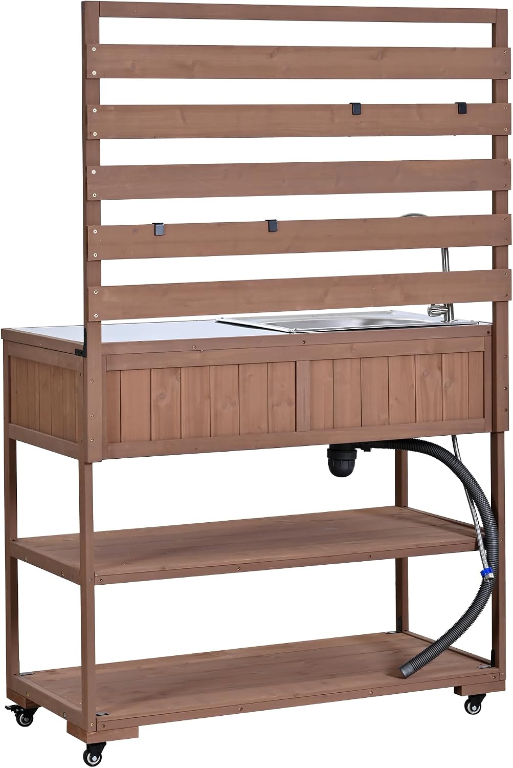 LUMISOL Outdoor Potting Bench Table with Sink and 2 Movable Shelves, Rolling Kitchen Cart with Stainless Table Top, 41.7'' Large Solid Wood Garden Workstation with 1 Bottle Opener, Brown