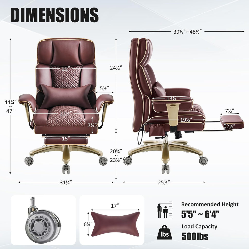 Executive Desk Chir with Adjustable Air Back Support, Luxury Ergonomic PU Leather Office Chair with Lumbar Massage High-Back 3-Level Tilt 360° Swivel Silent Wheels Height Adjustment,Footrest, Brown