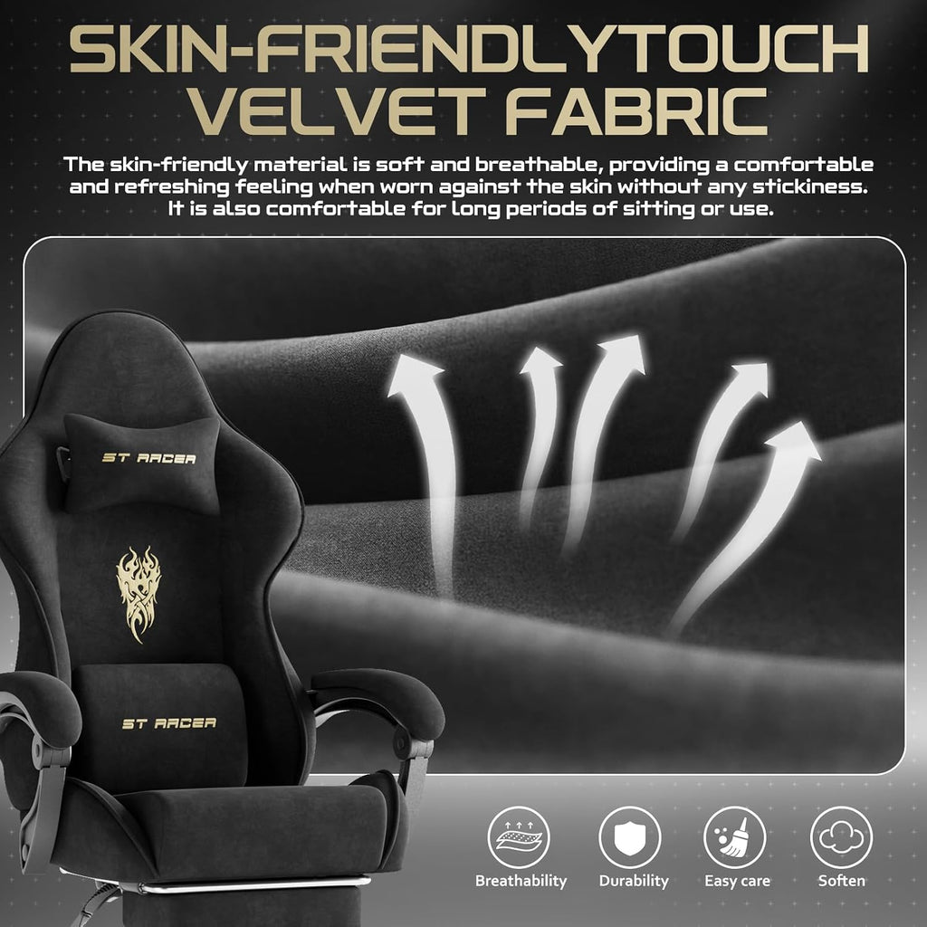 Soontrans Comfortable Video Gamer Chairwith Footrest, Ergonomic Velvet Fabric Gaming Chair for Adult, Reclining Desk Game Office Computer Chairs with Massage Lumbar Cushion,Headrest
