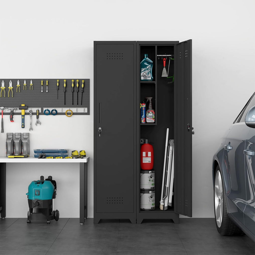 Slim Broom Closet Storage Cabinet, Black Metal Cabinets with Lock and & S-Hooks, Cleaning Supply Cabinet, Utility Closet Cabinets for Garage, Office, Gym