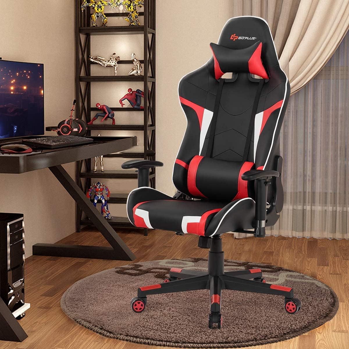 Massage Gaming Chair, High Back Office Computer Chair with Headrest and Lumbar Support, Racing Style Reclining Swiveling Game Chair for Home Office (Red)