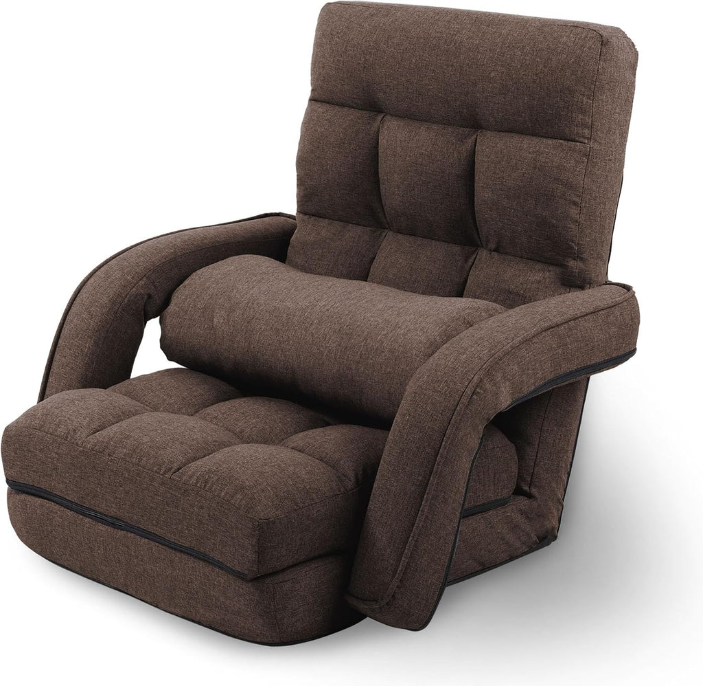 Adjustable Floor Chair for Adults with Back Support,5-Position Folding Lazy Sofa with Pillow, Gaming & Meditation Chair with Breathable Fabric - for Living Room, Bedroom, Office,Balcony (Brown)