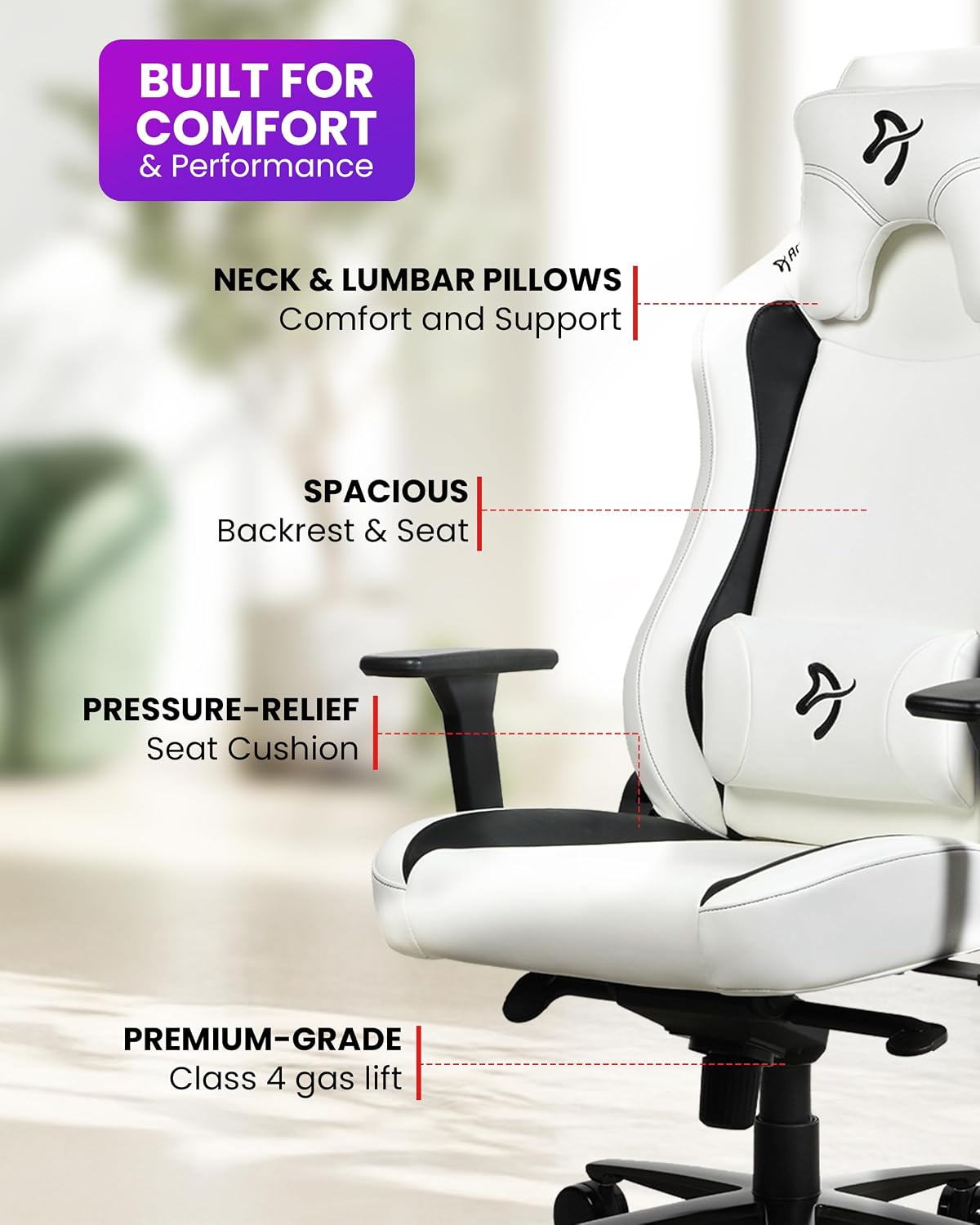 Arozzi Vernazza Gaming Chair - Soft PU Ergonomic Gaming Chairs for Adults Adjustable Height, Large Spacious Seat & Backrest with Support Pillows - Swedish Design Home Office Computer Chairs, White