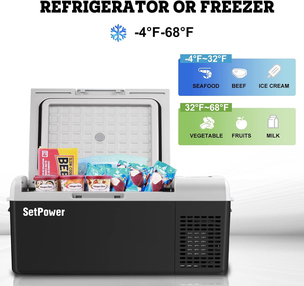 Setpower FC15 Portable Refrigerator Electric Cooler With AC Adapter,15L/15.8QT 12 Volt Car Refrigerator, -4℉-68℉ Portable Fridge Freezer for Car,RV, Truck,Camping,Travel, Home