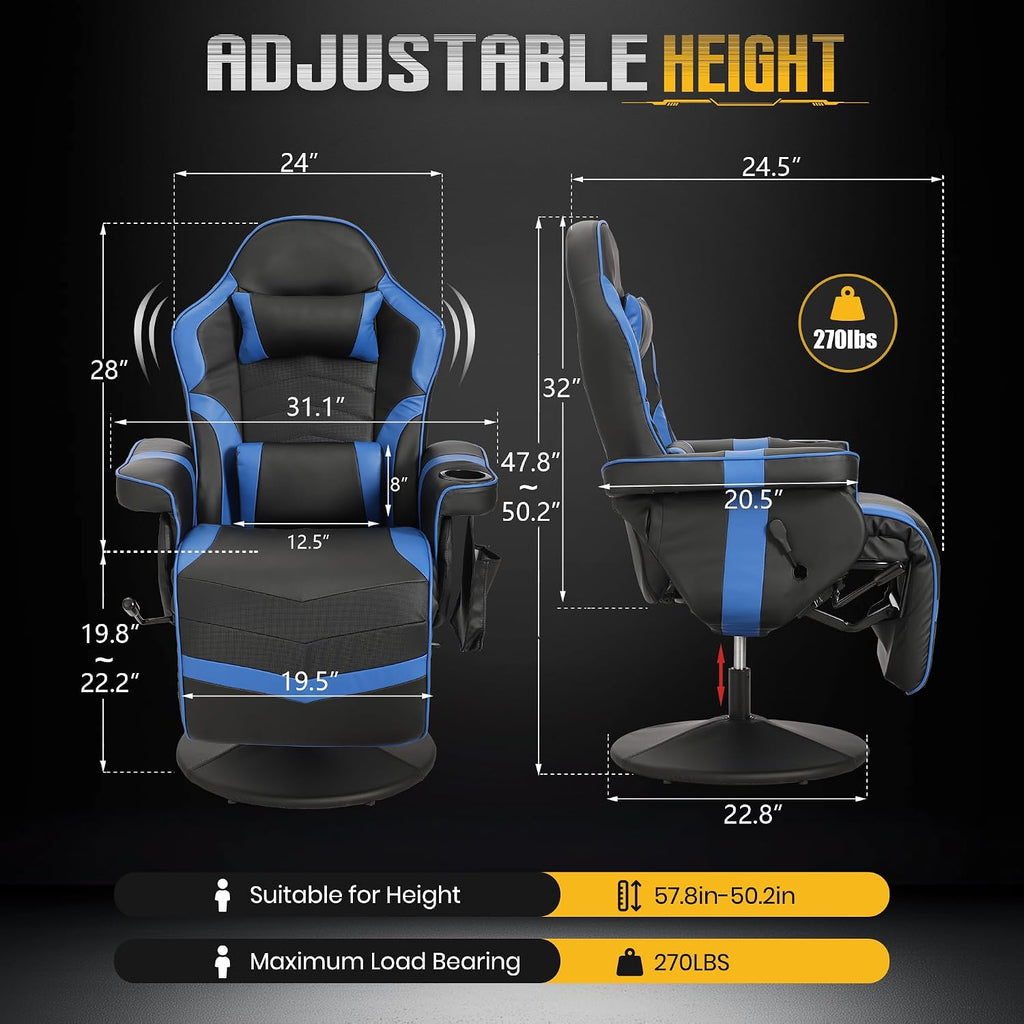 Massage Gaming Recliner Chair with Cup Holder & Side Pockets – Ergonomic PU Leather Video Gaming Chair with Footrest, Manual Recline, Headrest & Lumbar Support for Office or Game Room (Blue)