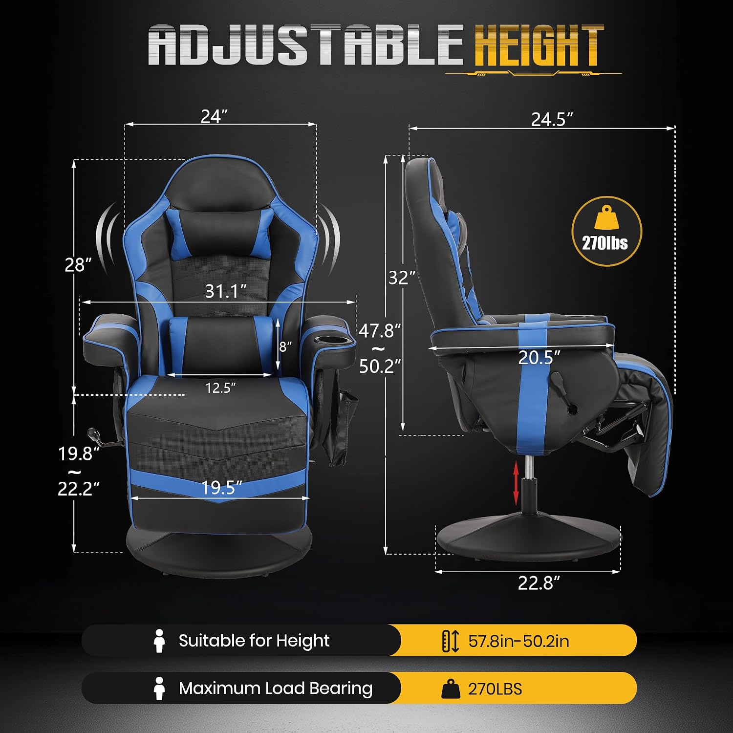 Massage Gaming Recliner Chair with Cup Holder & Side Pockets – Ergonomic PU Leather Video Gaming Chair with Footrest, Manual Recline, Headrest & Lumbar Support for Office or Game Room (Blue)