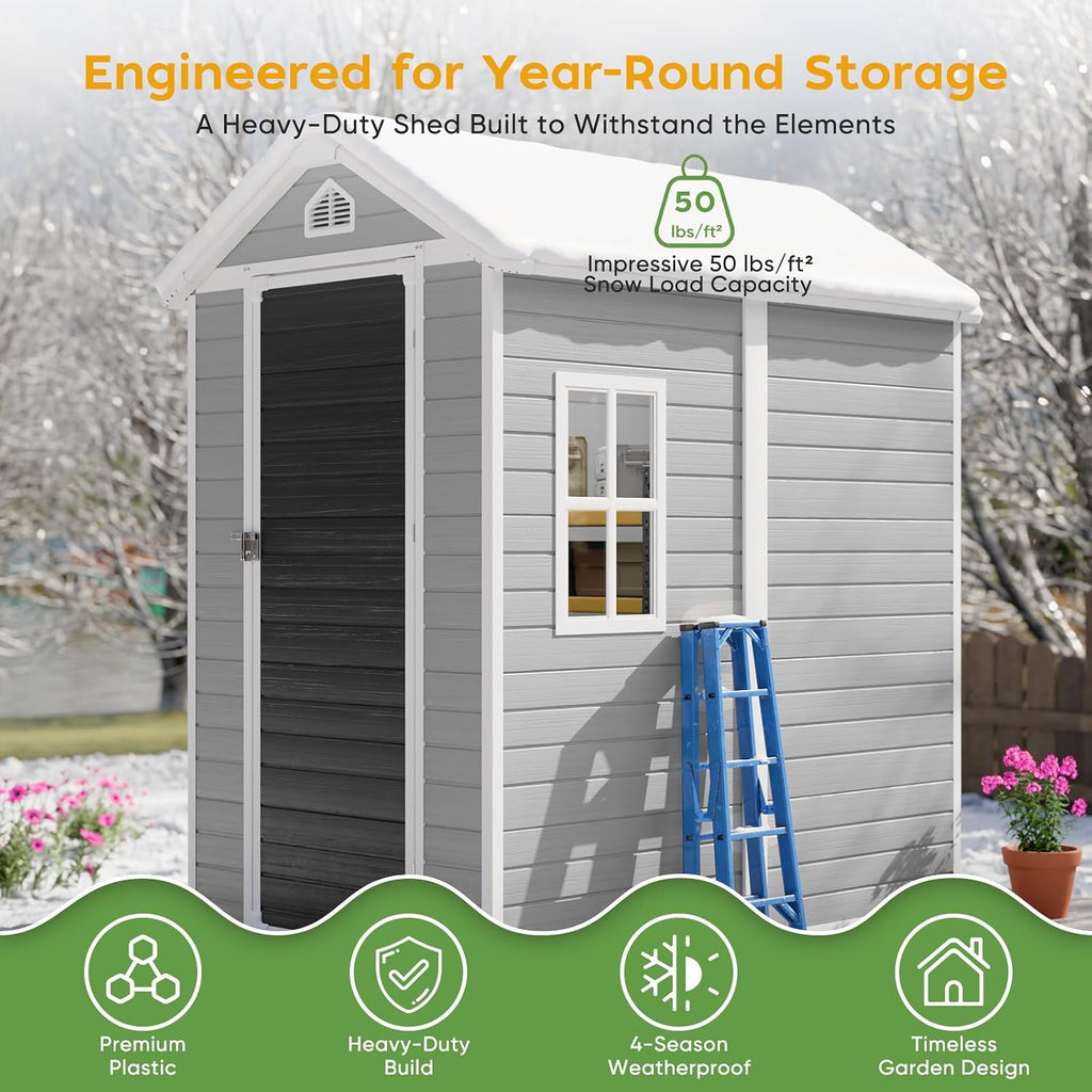 4x6 FT Outdoor Resin Storage Shed with Floor, Upgraded 21-Gauge Steel Frame & 16mm Ultra-Thick Double-Layer Panels, Compact Garden Tool House with Flexible Window & Lockable Door for Patio, Backyard