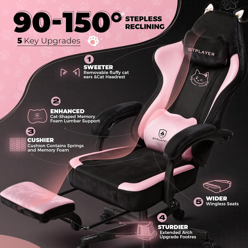 GTPOFFICE Cute Gaming Chair with Cat Ears,Ergonomic Computer Chair with Footrest Cat Paw Lumbar Support Comfortable Reclining Game Chair Desk Chair for Adult Teens, Soft Fabric, Pink Black