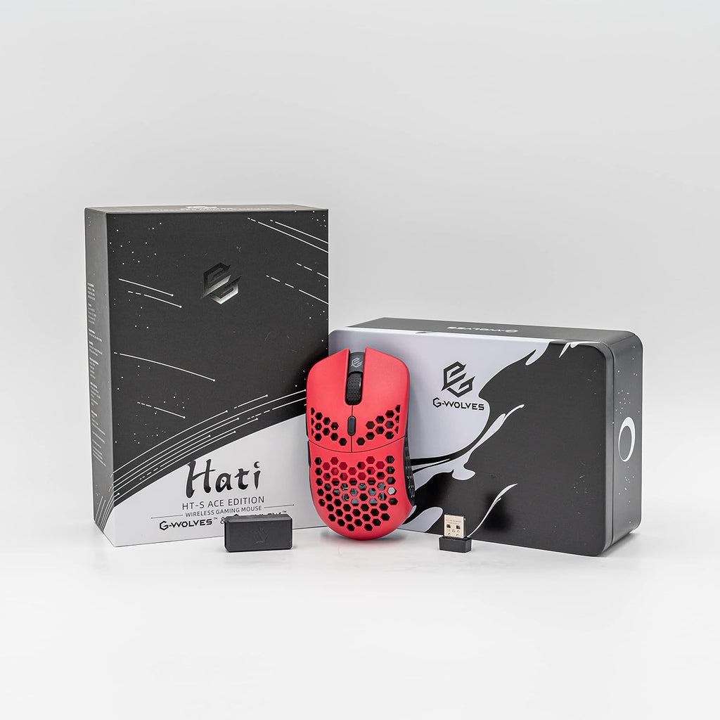 G-Wolves Hati HTS (Small) ACE Wireless Gaming Mouse - PAW3370 Sensor - 50 to 19,000 CPI - 54±2Gram(1.8 oz) - TTC Golden Color Encoder - Ultra Lightweight Honeycomb Design (Red)
