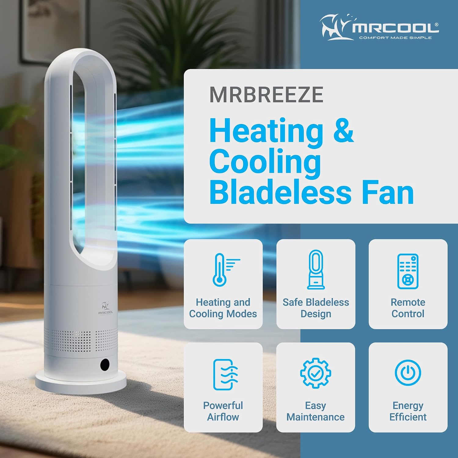 MRCOOL MrBreeze 4K BTU Bladeless Heating & Cooling Tower Fan, Quiet Portable Electric Indoor Heater with Oscillation and Remote Control, White