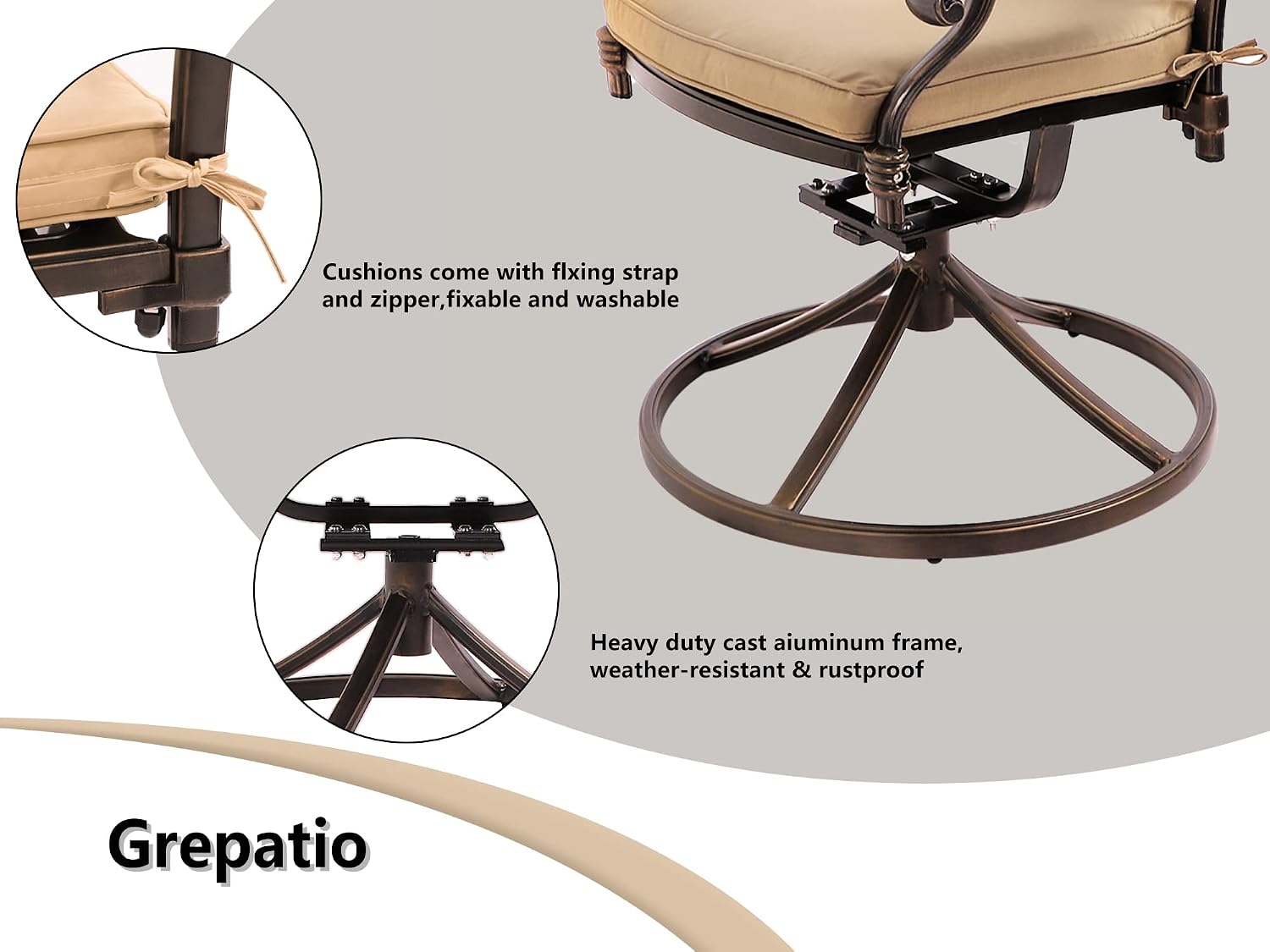 Grepatio 5 Piece Outdoor Dining Set Cast Aluminum Patio Dining Set Table and Chairs Outside Furniture 4 Swivel Chairs with Cushion and 1 Umbrella Hole Round Dining Table for Lawn Garden Patio (Khaki)