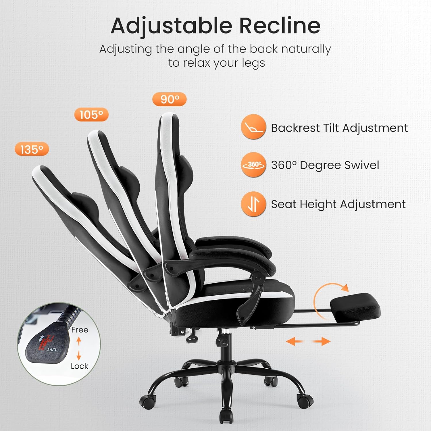 Sweetcrispy Computer Gaming Chair - Ergonomic Desk Chair with Footrest and Lumbar Support, High Back Height Adjustable Task Chair with Linkage Armrests and Headrest, 360° Swivel Wheels, Black