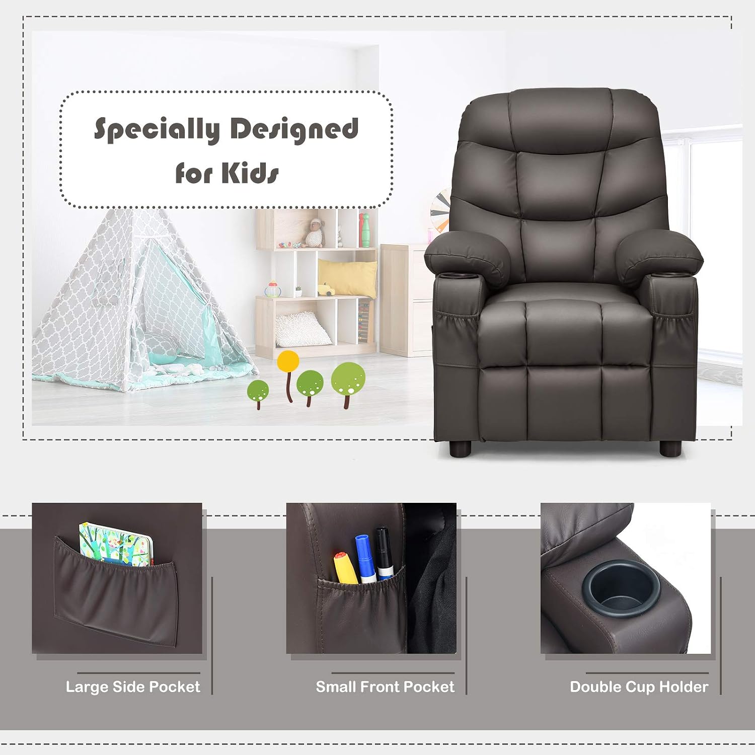 MAT EXPERT Kids Recliner, Leather Adjustable Reading Gaming Chair w/ 2 Cup Holder, 3 Side Pocket Storage & Footrest, Kids Couch Toddler Lounge Chair for Boys Girls, Kids Room Playroom Nursery (Coffee)