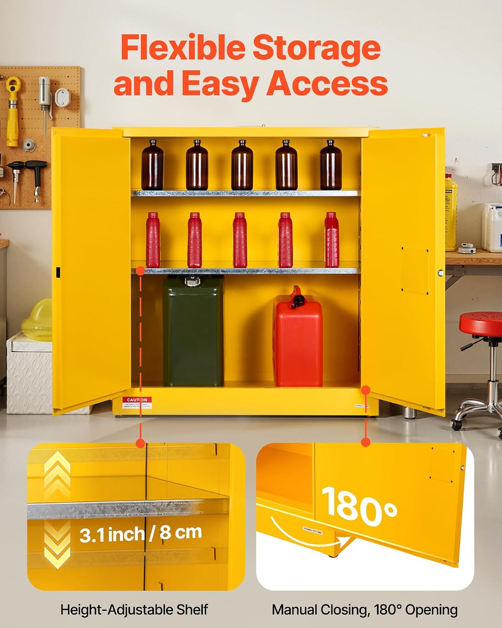 VEVOR Flammable Cabinet 18' x 43' x 46', 29 Gallon Flammable Storage Cabinet with Adjustable Shelf, Cold-Rolled and Galvanized Steel Fire Cabinets, for Commercial Industrial Home Use, Yellow