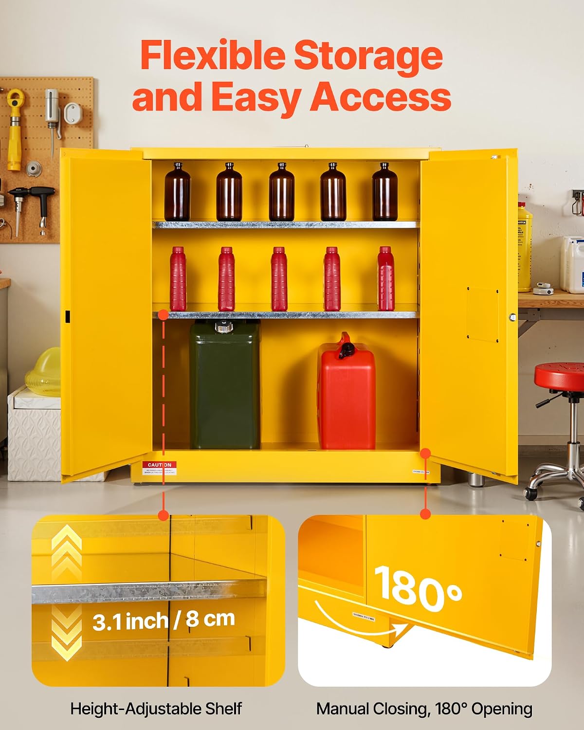 VEVOR Flammable Cabinet 18' x 43' x 46', 29 Gallon Flammable Storage Cabinet with Adjustable Shelf, Cold-Rolled and Galvanized Steel Fire Cabinets, for Commercial Industrial Home Use, Yellow
