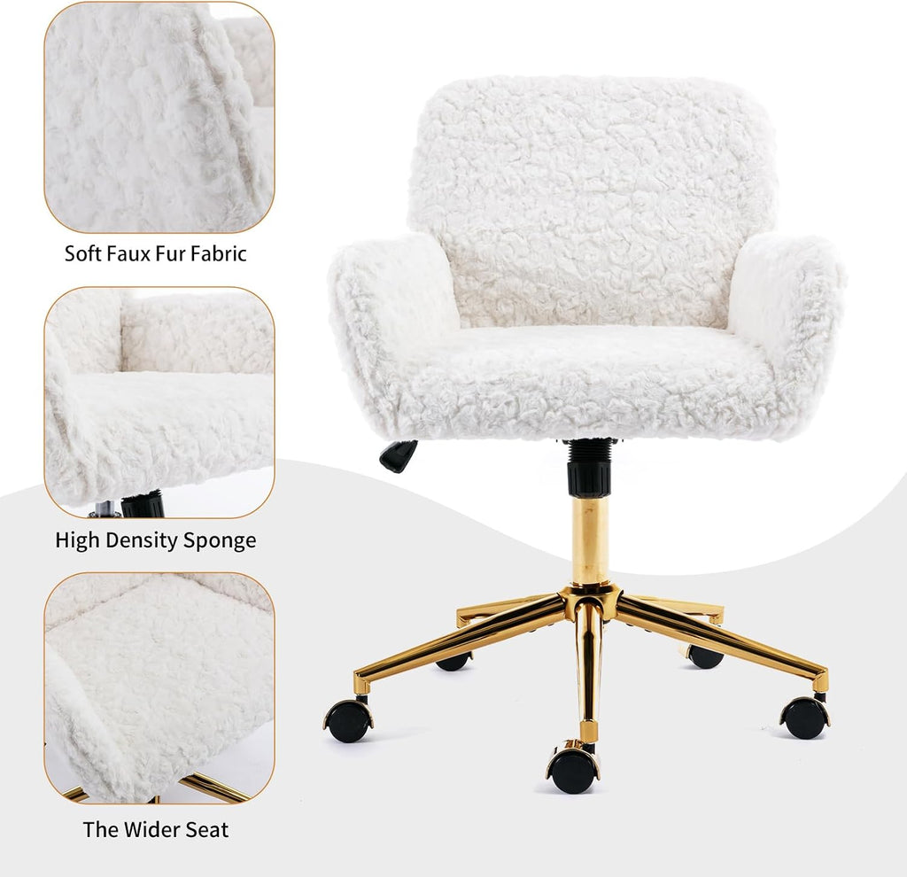 Shenyon White Desk Chair Faux Fur Vanity Chair, Comfortable Home Office Desk Chair with Wheels and Arms, Swivel Cute Office Chair Height Adjustable for Teens Girls Women Home Office, White
