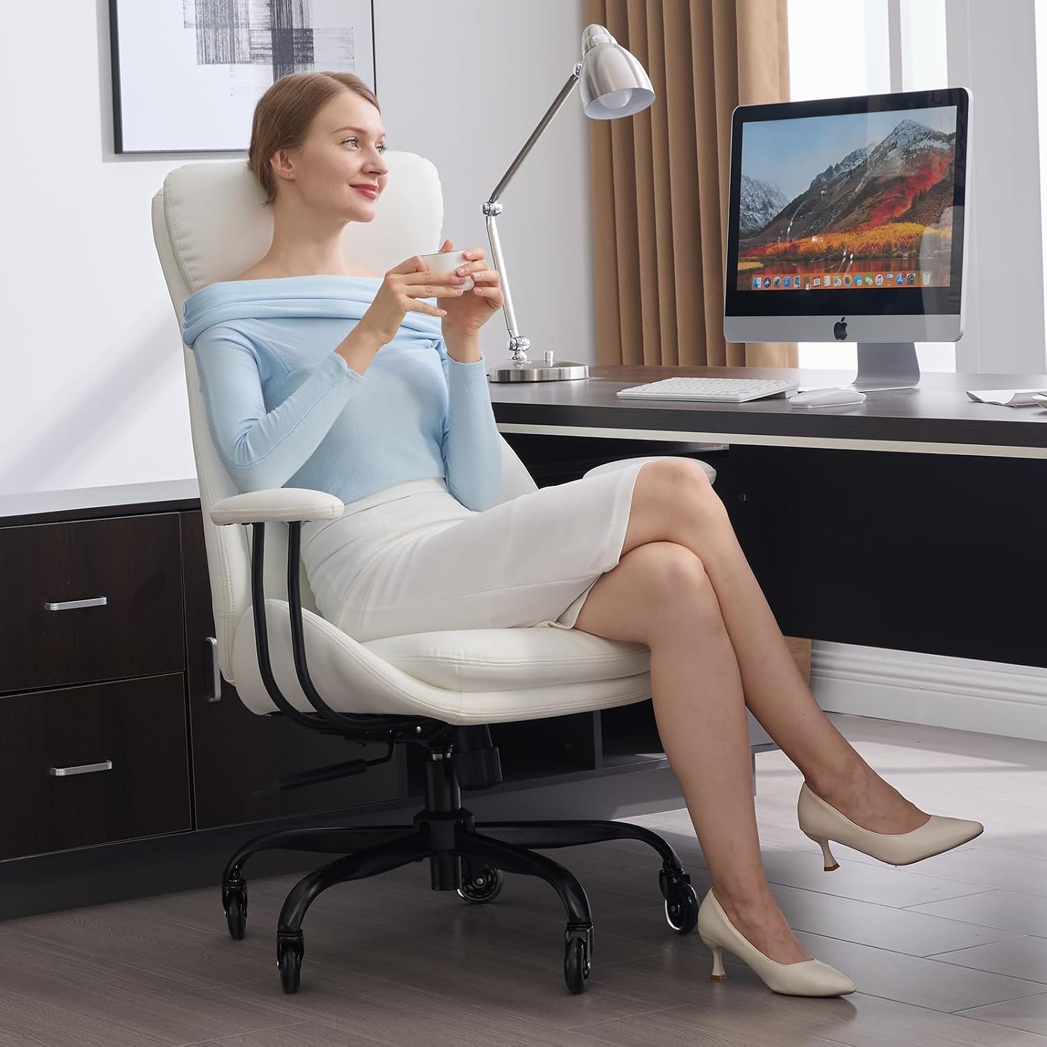 E-Motie Office Chair, Leather Desk Chair with Rubber Wheels, Ergonomic Computer Chair 500 LBS with Lumbar Support, High Back Executive Chair for Modern Home Office, White